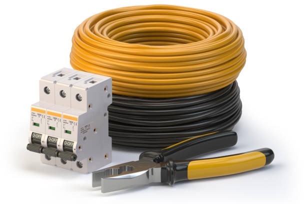 Electric cable, pliers and circuit breake risolated on white background. Electric components and instruments. 3d illustration