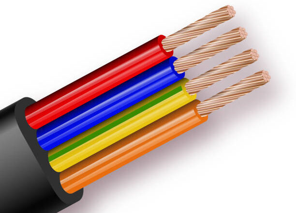 Flexible four-wire electrical cable isolated on white background. Copper multicore cable in color insulation. Close-up of the cross section. Vector illustration 10 eps.